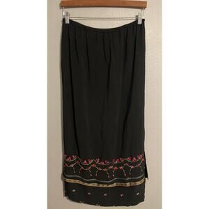 Vintage Lucia Lukken Skirt Womens Medium Black Embroidered Floral Maxi Boho USA